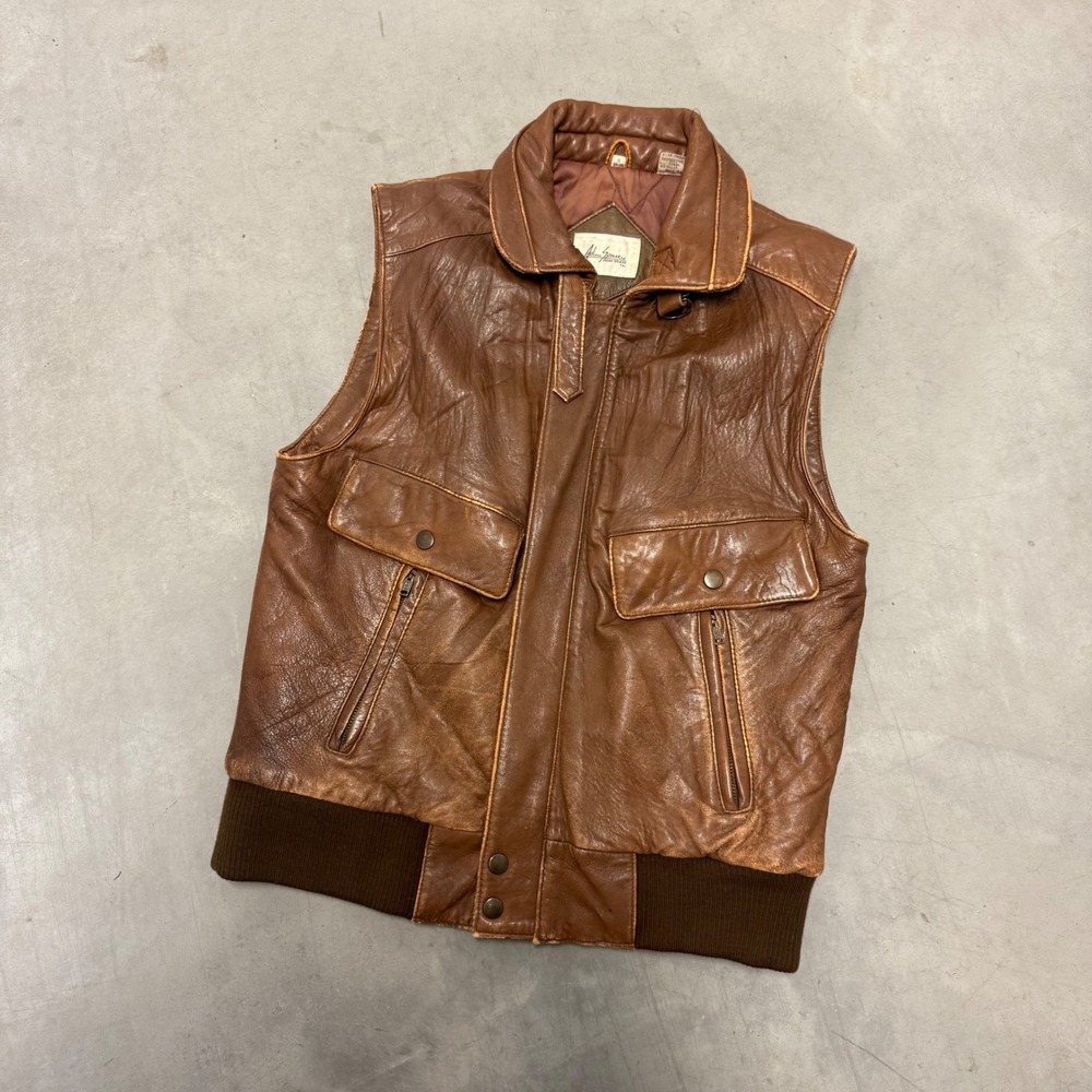 Adam Spencer Vintage Brown Leather Bomber Vest Mens Small Quilted Lined